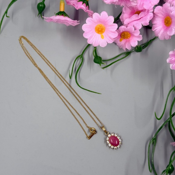 Jewelry - 12K Gold Filled Pink Stone and Genuine Crystal Pendant Vintage Necklace